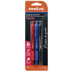 BOLÍGRAFO RECTRÁCTIL MOLIN GRIP BLÍSTER 3 UNID. COLORES SURTIDOS