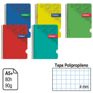 BLOC ESPIRAL CAMPUS A5+ TAPA POLIPROPILENO 80 H. 90 G. CUADRÍCULA 4 MM. REF. 2434