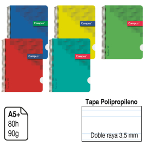 BLOC ESPIRAL CAMPUS A5+ TAPA POLIPROPILENO 80 H. 90 G. DOBLE RAYA 3,5 MM. REF. 2762