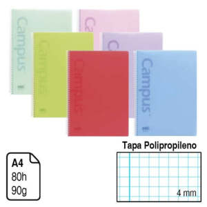 BLOC ESPIRAL CAMPUS PASTEL A4 TAPA POLIPROPILENO 80 H. 90 G. CUADRÍCULA 4 MM. REF. 3221
