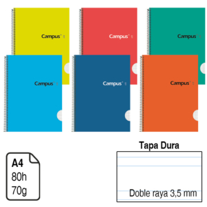 BLOC ESPIRAL CAMPUS A4 TAPA DURA 80 H. 70 G. DOBLE RAYA 3,5 MM. REF. 1665