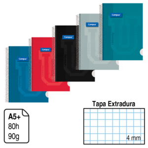 BLOC ESPIRAL A5+ TAPA FORRADA EXTRADURA 80 H. 90 G. CUADRÍCULA 4 MM. REF. 3761