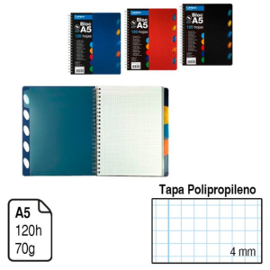 BLOC ESPIRAL CAMPUS A5 TAPA POLIPROPILENO 5 SEPARADORES 120 H. 70 G. CUADRÍCULA 4 MM.