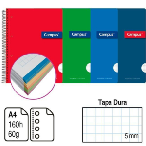 BLOC ESPIRAL MICROPERFORADO CAMPUS A4 TAPA DURA 160 H. CUADRÍCULA 5 MM. REF. 1168