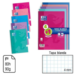 BLOC ESPIRAL PACK 4+1 OXFORD FOLIO TAPA BÁSICA 80 H. 90 G. CUADRÍCULA 4 MM. REF. 400072719