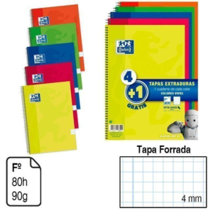 BLOC ESPIRAL PACK 4+1 OXFORD FOLIO TAPA FORRADA EXTRADURA 80 H. 90 G. CUADRÍCULA 4 MM. REF. 4001227761