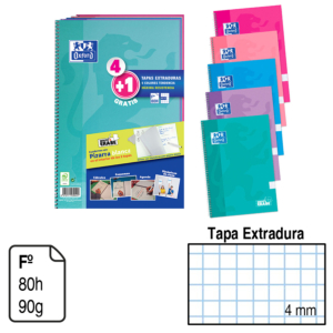 BLOC ESPIRAL PACK 4+1 OXFORD FOLIO TAPA DURA 80 H. 90 G. CUADRÍCULA 4 MM. REF. 22766
