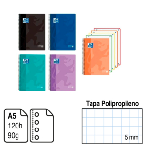 BLOC ESPIRAL MICROPERFORADO OXFORD A5+ TAPA POLIPROPILENO 120 H. 90 G. CUADRÍCULA 5 MM. REF. 400196863
