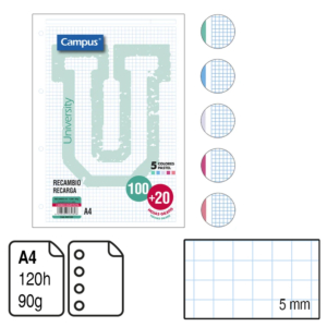 RECAMBIO CAMPUS A4 100+20 H. 4 TALADROS CUADRÍCULA 5 MM. 90 G. 5 BANDAS COLOR PASTEL REF. 3183