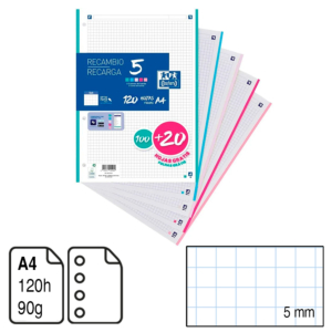 RECAMBIO OXFORD A4 120 H. 4 TALADROS CUADRÍCULA 5 MM. 90 G.