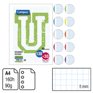 RECAMBIO CAMPUS A4 130+30 H. 4 TALADROS CUADRÍCULA 5 MM. 90 G. 10 BANDAS COLORES VIVOS REF. 3182