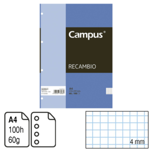 RECAMBIO CAMPUS A4 100 H. 4 TALADROS CUADRÍCULA 4 MM. 60 G. REF. 1124