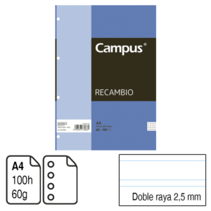RECAMBIO CAMPUS A4 100 H. 4 TALADROS DOBLE RAYA 2,5 MM. 60 G. REF. 1126