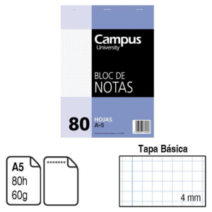 BLOC DE NOTAS MICROPERFORADO CAMPUS UNIVERSITY A5 TAPA BÁSICA 80 H. CUADRÍCULA 4 MM.