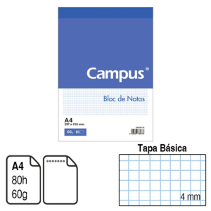 BLOC DE NOTAS MICROPERFORADO CAMPUS UNIVERSITY A4 TAPA BÁSICA 80 H. CUADRÍCULA 4 MM.