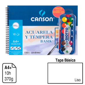 BLOC DIBUJO ESPIRAL BASICK ACUARELA A4+ 10 H. 370 G. + ESTUCHE ACUARELA Y PINCEL DE REGALO REF. 0400721