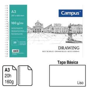 BLOC DE DIBUJO CAMPUS DRAWING A3 ESPIRAL MICROPERFORADO 20 H. 160 G. LISO REF. 600661