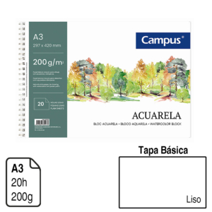 BLOC ESPIRAL CAMPUS ACUARELA A3 TAPA BÁSICA 20 H. 200 G. LISO REF. 600663
