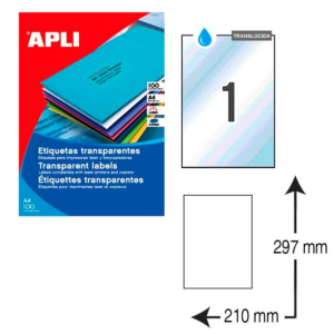 ETIQUETAS AUTOADHESIVAS APLI A4 210 X 297 MM. TRANSPARENTES (20 ETIQ./CAJA) REF. 01225