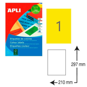 ETIQUETAS AUTOADHESIVAS APLI A4 210 X 297 MM. AMARILLO (20 ETIQ./BOLSA) REF. 1599
