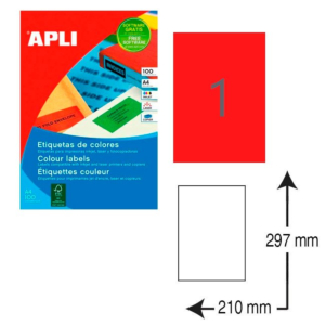 ETIQUETAS AUTOADHESIVAS APLI A4 210 X 297 MM. ROJO (20 ETIQ./BOLSA) REF. 1601