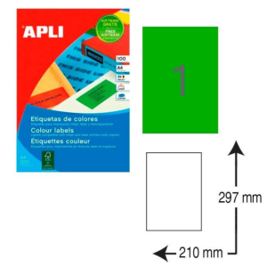 ETIQUETAS AUTOADHESIVAS APLI A4 210 X 297 MM. VERDE (20 ETIQ./BOLSA) REF. 1602