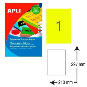 ETIQUETAS AUTOADHESIVAS APLI A4 210 X 297 MM. AMARILLO FLUORESCENTE (20 ETIQ./BOLSA) REF.2878