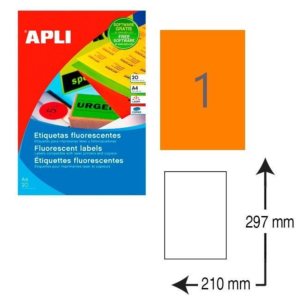 ETIQUETAS AUTOADHESIVAS APLI A4 210 X 297 MM. NARANJA FLUORESCENTE (20 ETIQ./BOLSA) REF.2879
