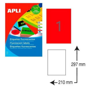 ETIQUETAS AUTOADHESIVAS APLI A4 210 X 297 MM. ROJO FLUORESCENTE (20 ETIQ./BOLSA) REF.2880