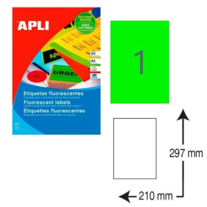ETIQUETAS AUTOADHESIVAS APLI A4 210 X 297 MM. VERDE FLUORESCENTE (20 ETIQ./BOLSA) REF.2881