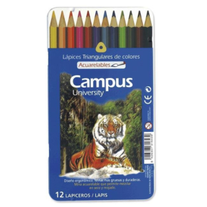LÁPICES DE COLORES ACUARELABLES CAMPUS UNIVERSITY 12 COLORES SURTIDOS EN CAJA METÁLICA REF. MKP-1120-12TN