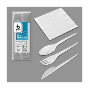 SET DE 3 CUBIERTOS DE PLÁSTICO + SERVILLETA