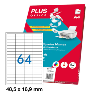 ETIQUETAS AUTOADHESIVAS PLUS OFFICE 48,5 X 16,9 MM CANTOS RECTOS 64 X HOJA CAJA 100 HOJAS           