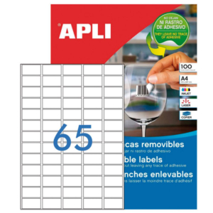 ETIQUETAS REMOVIBLES APLI A4 38 X 21,2 MM CANTOS RECTOS 65 X HOJA CAJA 100 HOJAS                    