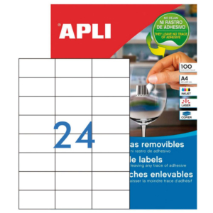 ETIQUETAS REMOVIBLES APLI A4 64,6 X 33,8 MM CANTOS RECTOS 24 X HOJA CAJA 100 HOJAS                  