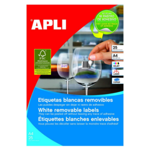 ETIQUETAS REMOVIBLES APLI A4 25,4 X 10 MM CANTOS REDONDEADOS 189 X HOJA CAJA 25 HOJAS               