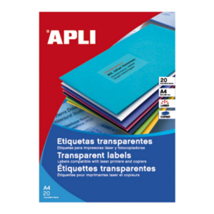 ETIQUETAS TRASLÚCIDAS APLI A4 99,1 X 38,1 MM 14 X HOJA CAJA 20 HOJAS                                