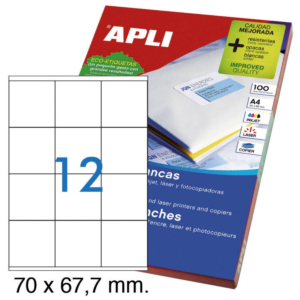 ETIQUETAS AUTOADHESIVAS APLI 70 X 67,7 MM CANTOS RECTOS 12 X HOJA CAJA 100 HOJAS                    
