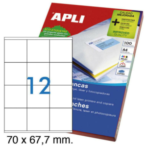 ETIQUETAS AUTOADHESIVAS APLI 70X67,7MM CANTOS RECTOS 12XHOJA 100 HOJAS                              