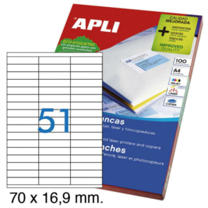ETIQUETAS AUTOADHESIVAS APLI 70X16,9MM CANTOS RECTOS 51XHOJA 100 HOJAS                              