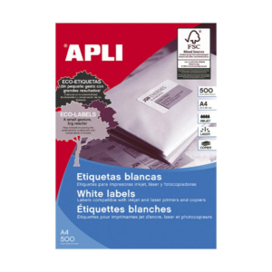 ETIQUETAS AUTOADHESIVAS APLI 105 X 148 MM CANTOS RECTOS 4 X HOJA CAJA 500 HOJAS                     