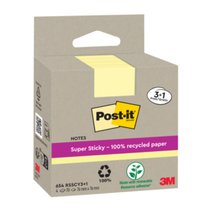 BLOC NOTAS ADHESIVAS POST-IT SUPER STICKY RECICLADAS 76 X 76 MM AMARILLAS 70 HOJAS                  