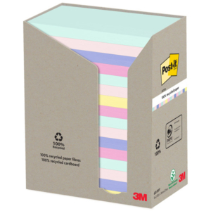 BLOC NOTAS ADHESIVAS POST-IT RECICLADAS 76 X 127 MM PASTEL 100 HOJAS                                