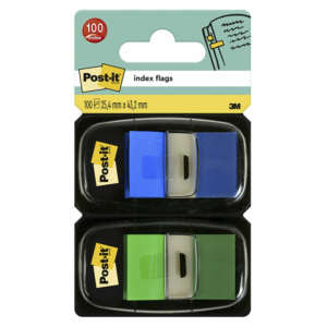 BANDERITAS POST-IT 25,4 X43MM DISPENSADOR AZUL Y VERDE 100 UD.                                      