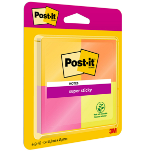 BLOC NOTAS ADHESIVAS POST-IT SUPER STICKY 47,6 X 47,6 MM PACK 4 UD BLÍSTER                          