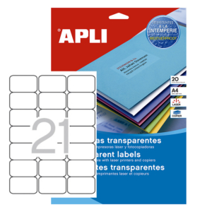 ETIQUETAS TRASLÚCIDAS APLI A4 63,5 X 38,1 MM 21 X HOJA PACK 20 HOJAS                                