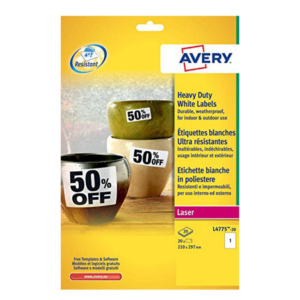ETIQUETAS AVERY A4 POLIÉSTER 20 UD.                                                                 