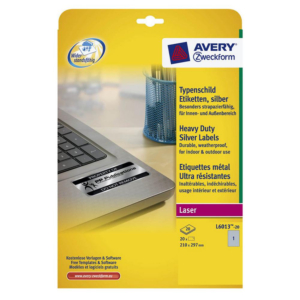 ETIQUETAS AVERY A4 POLIÉSTER PLATEADAS 20 UD.                                                       