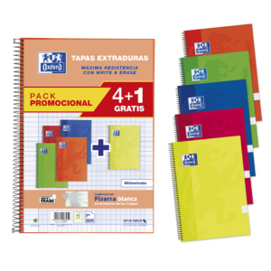 BLOC ESPIRAL OXFORD FOLIO TAPA EXTRADURA 80 HOJAS MILIMETRADO PACK 4+1                              