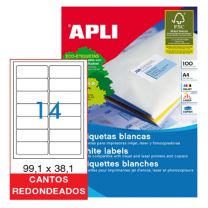 ETIQUETAS AUTOADHESIVAS A4 APLI 99,1 X 38,1 MM CANTOS REDONDEADOS 14 X HOJA CAJA 100 HOJAS          